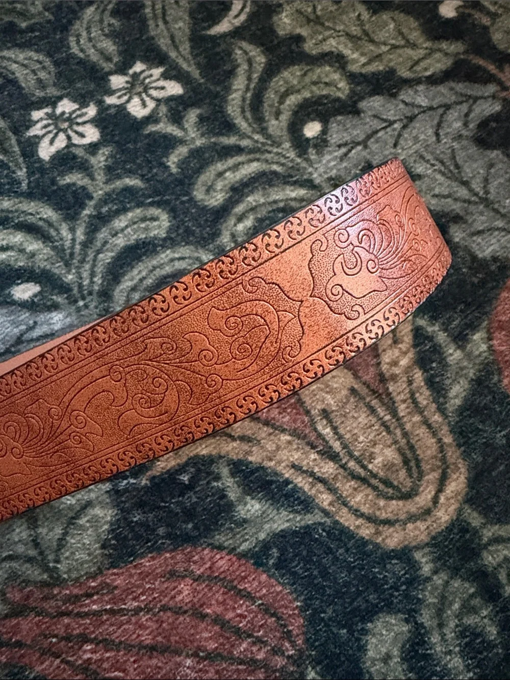 Brown Tooled Leather Kids Western Belt with Gold Longhorn Buckle